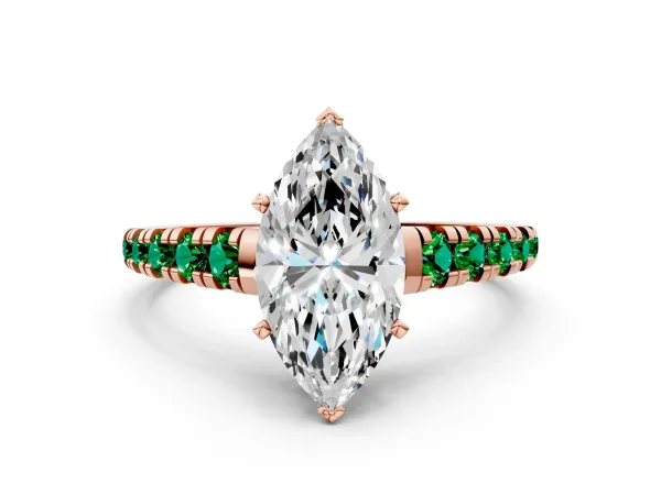 Marquise Cut Diamond Cathedral Solitaire Ring with Round Emerald Pavé Band Rose gold