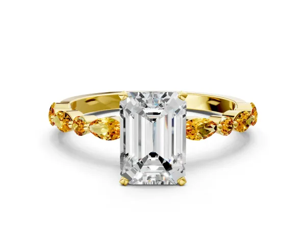 Emerald Cut Diamond Ring with Marquise and Round Citrine Side Stones and Four-Prong Setting Yellow gold