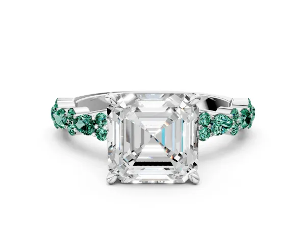 Asscher Cut Diamond Side Stone Solitaire Ring with Round Green Sapphire and Four-Prong Setting Platinum