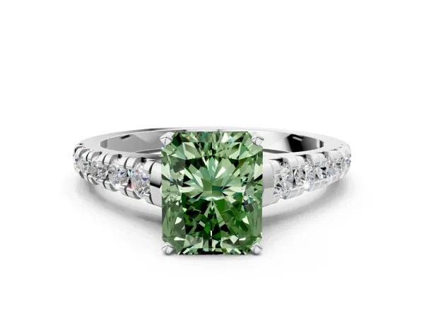 Fancy Green Radiant Cut Diamond Cathedral Solitaire Ring with Round Pavé Band Platinum