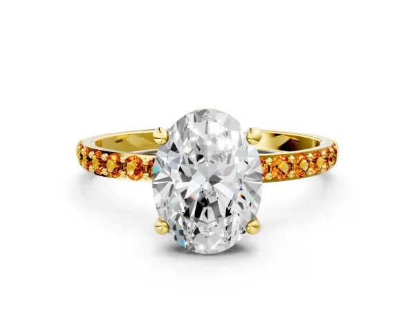 Oval Cut Diamond Solitaire Ring with Round Citrine Pavé Band and Prong Setting Yellow gold