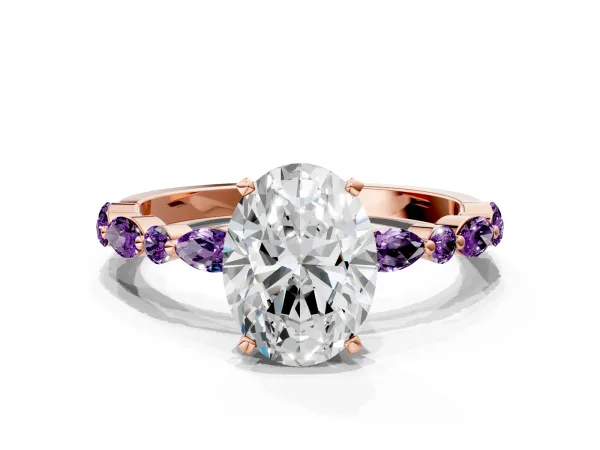 Oval Cut Diamond Ring with Marquise and Round Amethyst Side Stones and Four-Prong Setting Rose gold