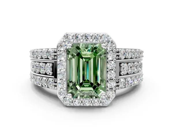 Fancy Green Emerald Cut Halo Diamond Ring with Round Split Shank and Prong Setting Platinum