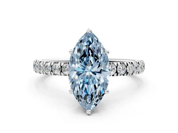 Fancy Blue Marquise Cut Diamond Pave Band Solitaire Ring with Round and Prong Setting Platinum