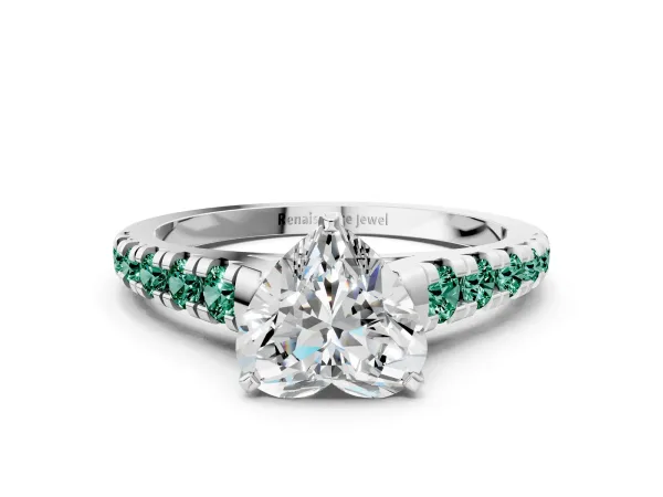 Heart Cut Diamond Cathedral Solitaire Ring with Round Green Sapphire Pavé Band Platinum