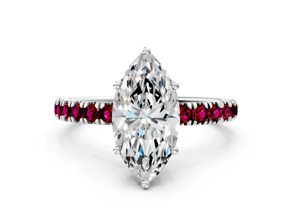 Marquise Cut Diamond Pave Band Solitaire Ring with Round Garnet and Prong Setting White gold
