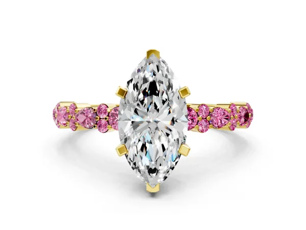Marquise Cut Diamond Side Stone Solitaire Ring with Round Pink Sapphire and Four-Prong Setting Yellow gold