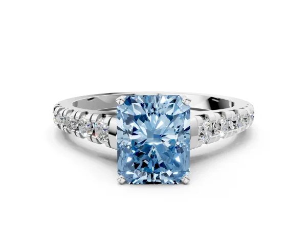 Fancy Blue Radiant Cut Diamond Cathedral Solitaire Ring with Round Pavé Band Platinum