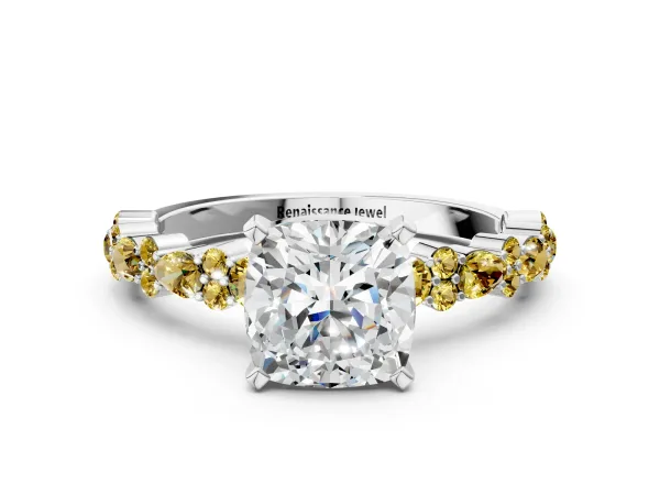 Cushion Cut Diamond Side Stone Solitaire Ring with Round Yellow Sapphire and Four-Prong Setting Platinum