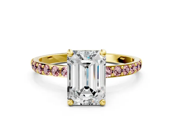 Emerald Cut Diamond Solitaire Ring with Round Morganite Pavé Band and Prong Setting Yellow gold