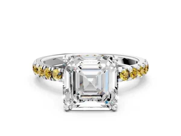 Asscher Cut Diamond Pave Band Solitaire Ring with Round Yellow Sapphire and Prong Setting Platinum