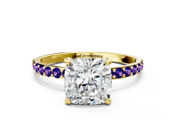 Cushion Cut Diamond Solitaire Ring with Round Tanzanite Pavé Band and Prong Setting Yellow gold