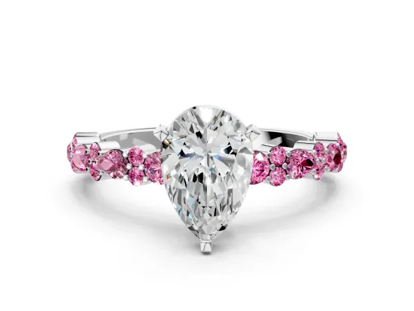 Pear Cut Diamond Side Stone Solitaire Ring with Round Pink Sapphire and Four-Prong Setting Platinum
