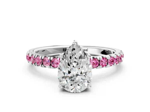 Pear Cut Diamond Pave Band Solitaire Ring with Round Pink Sapphire and Prong Setting White gold