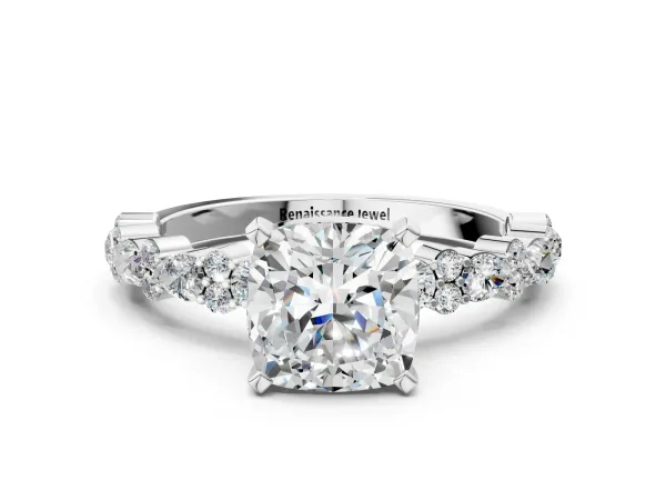 Cushion Cut Diamond Side Stone Solitaire Ring with Round and Four-Prong Setting Platinum