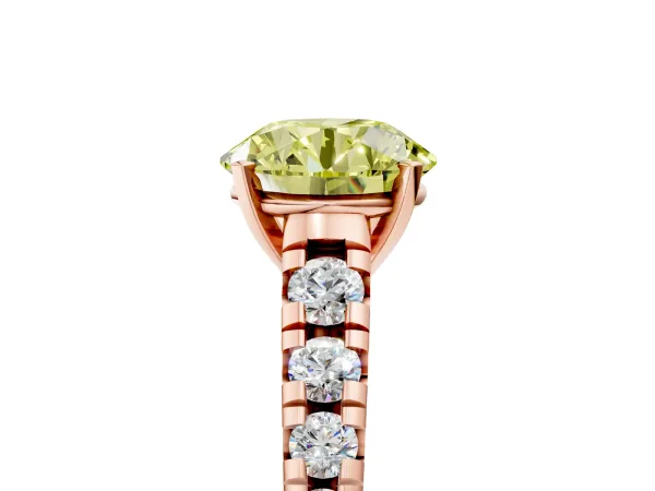 Fancy Yellow Round Cut Diamond Cathedral Solitaire Ring with Round Pavé Band Rose gold