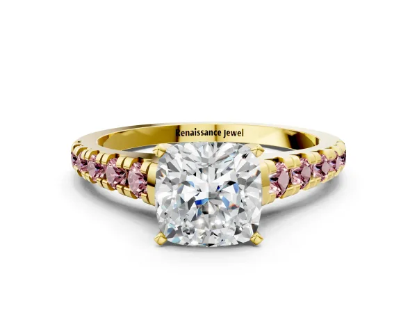 Cushion Cut Diamond Cathedral Solitaire Ring with Round Morganite Pavé Band Yellow gold