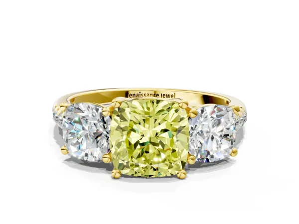 Fancy Yellow Three-Stone Cushion Cut Diamond Ring with Round Pavé Band and Prong Setting Yellow gold