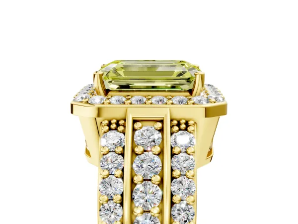 Fancy Yellow Emerald Cut Halo Diamond Ring with Round Split Shank and Prong Setting Yellow gold