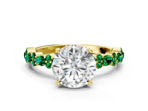 Round Cut Diamond Side Stone Solitaire Ring with Round Emerald and Four-Prong Setting Yellow gold
