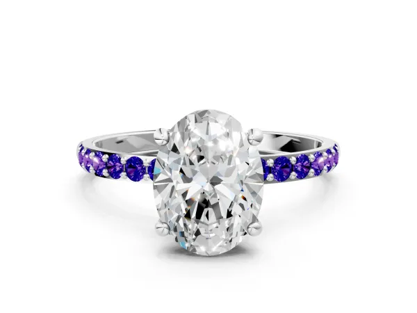 Oval Cut Diamond Solitaire Ring with Round Tanzanite Pavé Band and Prong Setting Platinum