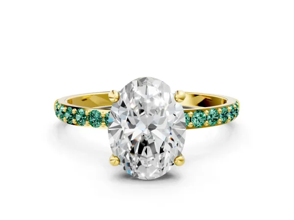 Oval Cut Diamond Solitaire Ring with Round Green Sapphire Pavé Band and Prong Setting Yellow gold