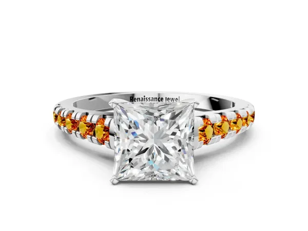 Princess Cut Diamond Cathedral Solitaire Ring with Round Citrine Pavé Band Platinum