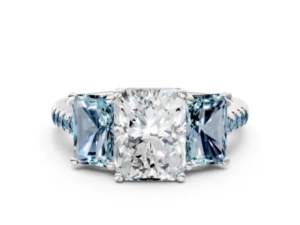 Three-Stone Radiant Cut Diamond Ring with Round Aquamarine Pavé Band and Prong Setting Silver