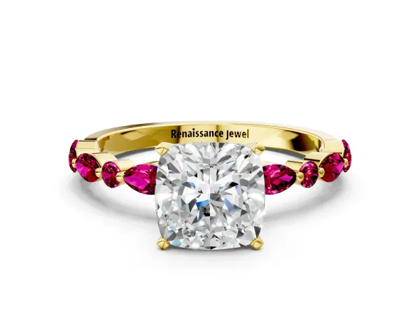 Cushion Cut Diamond Ring with Marquise and Round Garnet Side Stones and Four-Prong Setting Yellow gold