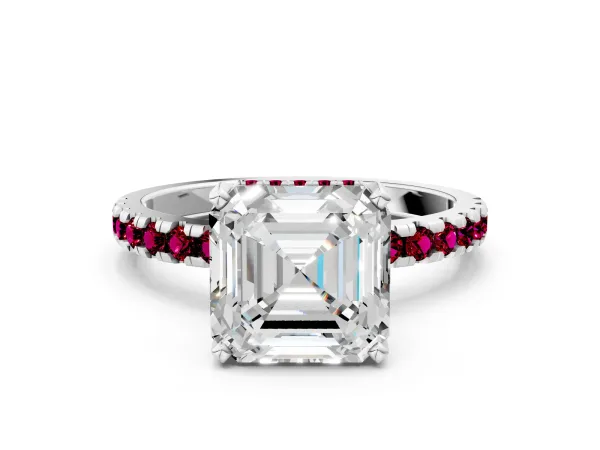 Asscher Cut Diamond Solitaire Ring with Round Garnet Pavé Band and Four-Prong Setting Platinum