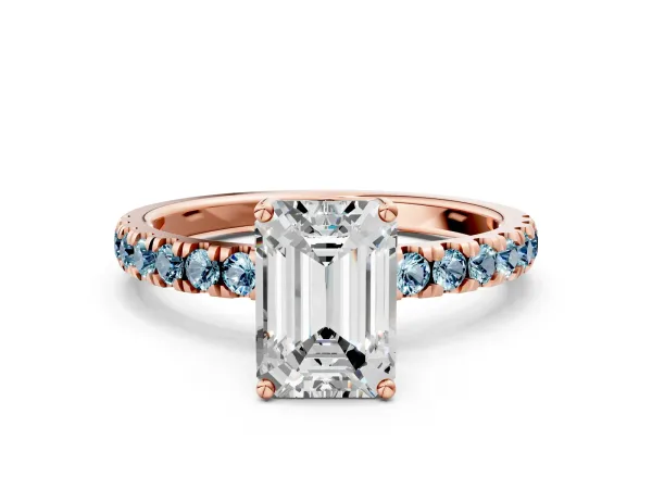 Emerald Cut Diamond Pave Band Solitaire Ring with Round Aquamarine and Prong Setting Rose gold