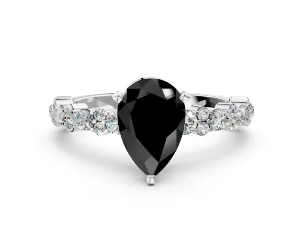 Fancy Black Pear Cut Diamond Side Stone Solitaire Ring with Round and Four-Prong Setting Platinum