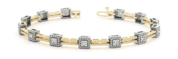 Square Bezel Set Round Diamond Rope Link Bracelet Yellow gold