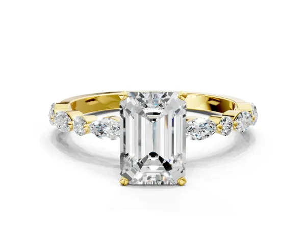 Emerald Cut Diamond Ring with Marquise and Round Moissanite Side Stones and Four-Prong Setting Yellow gold
