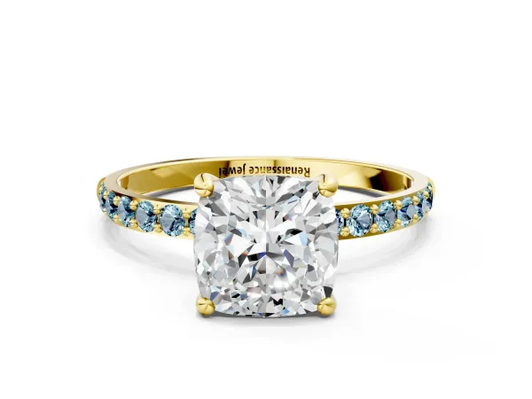 Cushion Cut Diamond Solitaire Ring with Round Aquamarine Pavé Band and Prong Setting Yellow gold