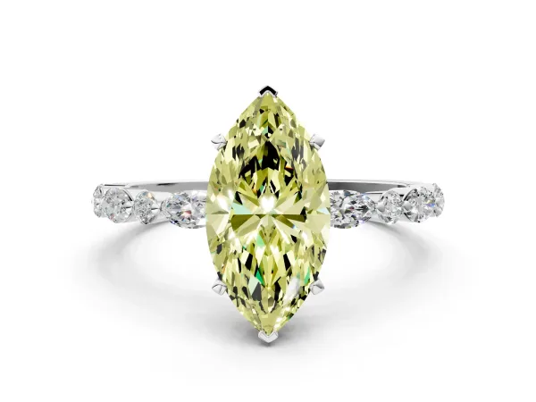 Fancy Yellow Marquise Cut Diamond Ring with Marquise and Round Side Stones and Four-Prong Setting White gold