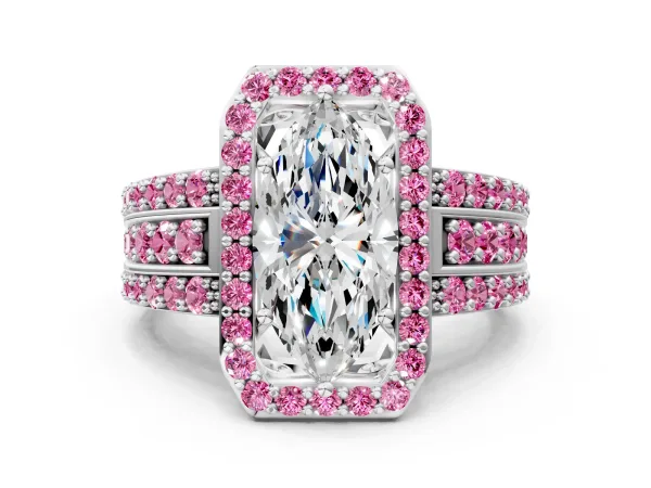 Marquise Cut Halo Diamond Ring with Round Pink Sapphire Split Shank and Prong Setting Silver