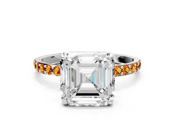 Asscher Cut Diamond Solitaire Ring with Round Citrine Pavé Band and Prong Setting Silver