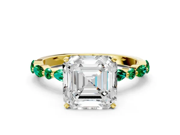 Asscher Cut Diamond Ring with Marquise and Round Emerald Side Stones and Four-Prong Setting Yellow gold