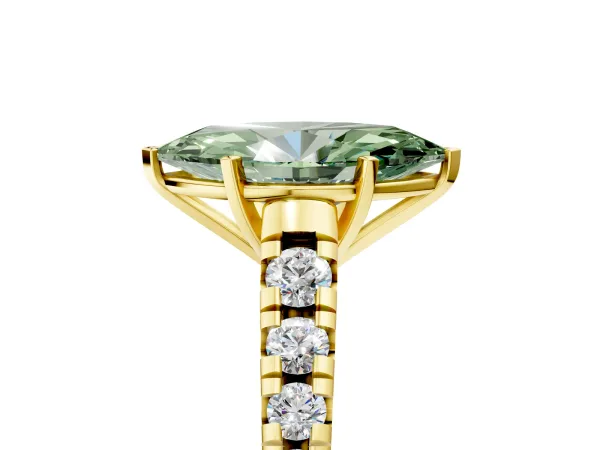 Fancy Green Marquise Cut Diamond Cathedral Solitaire Ring with Round Pavé Band Yellow gold