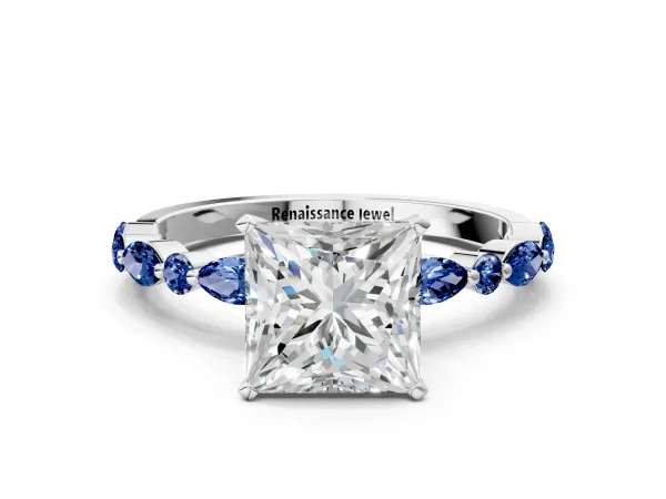 Princess Cut Diamond Ring with Marquise and Round Blue Sapphire Side Stones and Four-Prong Setting Platinum