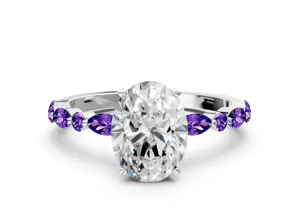 Oval Cut Diamond Ring with Marquise and Round Tanzanite Side Stones and Four-Prong Setting White gold