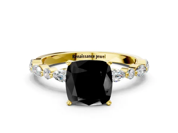Fancy Black Cushion Cut Diamond Ring with Marquise and Round Side Stones and Four-Prong Setting Yellow gold