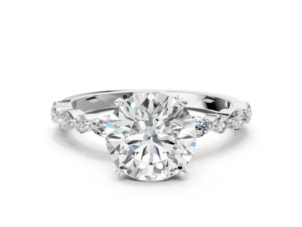 Round Cut Diamond Ring with Marquise and Round Side Stones and Four-Prong Setting White gold
