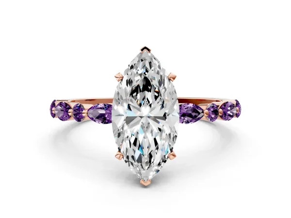 Marquise Cut Diamond Ring with Marquise and Round Amethyst Side Stones and Four-Prong Setting Rose gold