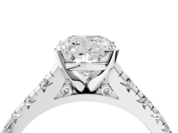 Cushion Cut Diamond Cathedral Solitaire Ring with Round Moissanite Pavé Band Silver