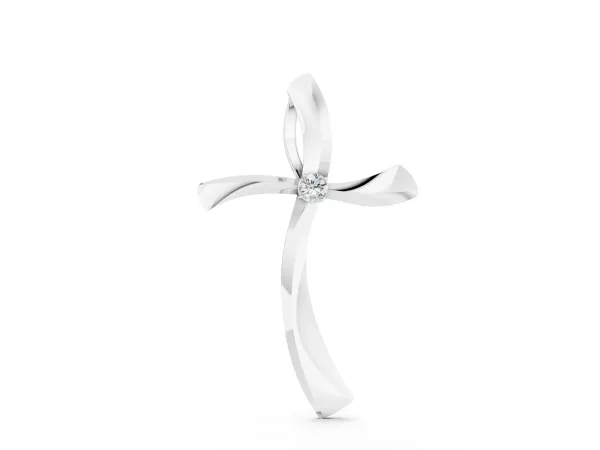 Curved Cross Pendant with Round Diamond in Bezel Setting Silver