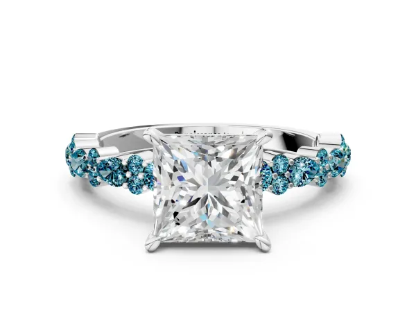 Princess Cut Diamond Side Stone Solitaire Ring with Round Blue Topaz and Four-Prong Setting Platinum