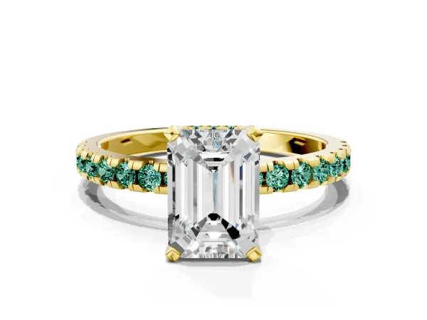 Emerald Cut Diamond Solitaire Ring with Round Green Sapphire Pavé Band and Four-Prong Setting Yellow gold
