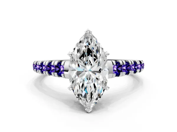 Marquise Cut Diamond Cathedral Solitaire Ring with Round Tanzanite Pavé Band White gold
